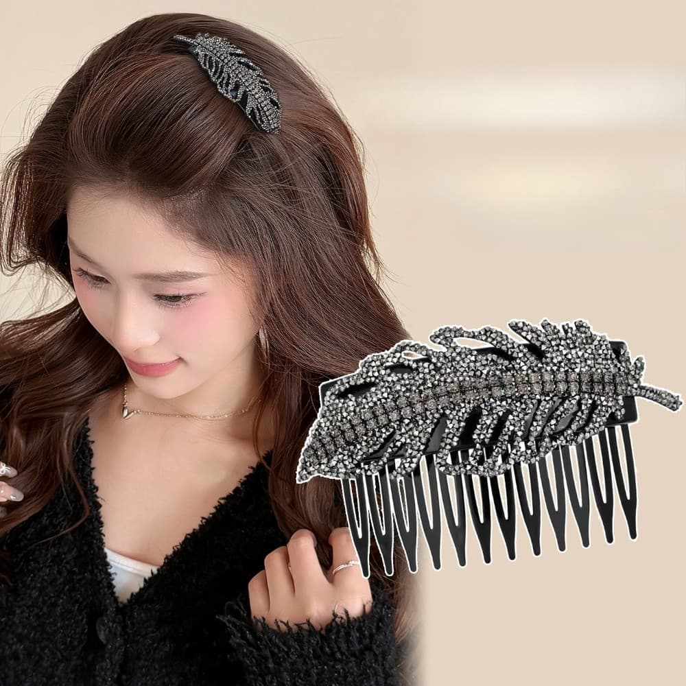 Moouga/simples moda de cabeça para baixo pente grampo de cabelo ramo dourado folha de Jade piscando diamante requintado