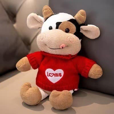 Brinquedo De Pelúcia De Vaca Fofo Com Suéter Vermelho Boneca Macia Para Crianças E Amantes