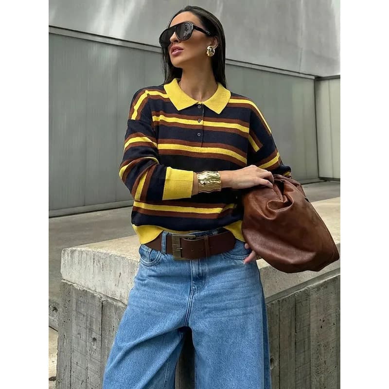 Suéter Feminino HH Casual Listrado de Tricô com Gola e Manga Longa, Camisa Suéter da Moda Primavera, Estilo Urbano Elega