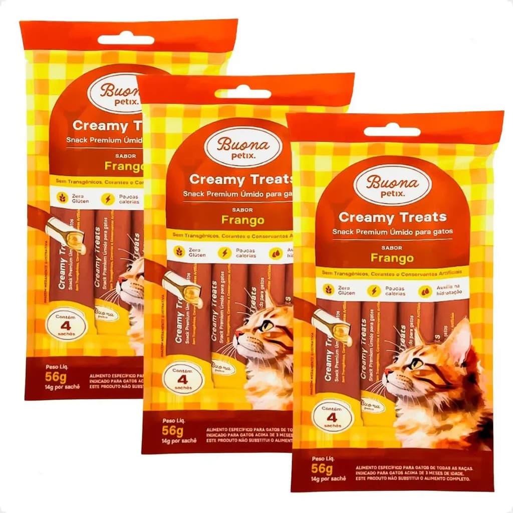 Combo 3 Packs (12 Sachês 14 gr) para Gatos Buona Petix Creamy Frango - 56g cada pack