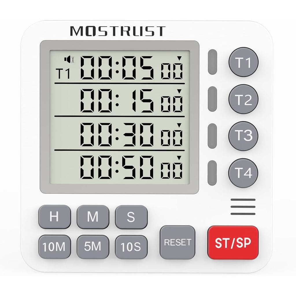Temporizador Digital Duplo para Cozinha, 4 Canais de Contagem Regressiva Independentes, Grande Display, Liga/Desliga, Al