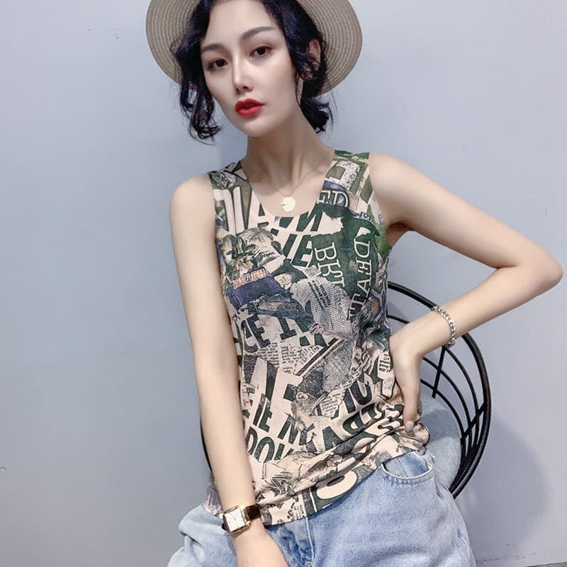 Moda camisola feminina 2024 verão novo estilo exterior usar camisa de fundo interno senhoras impresso sem mangas topo na