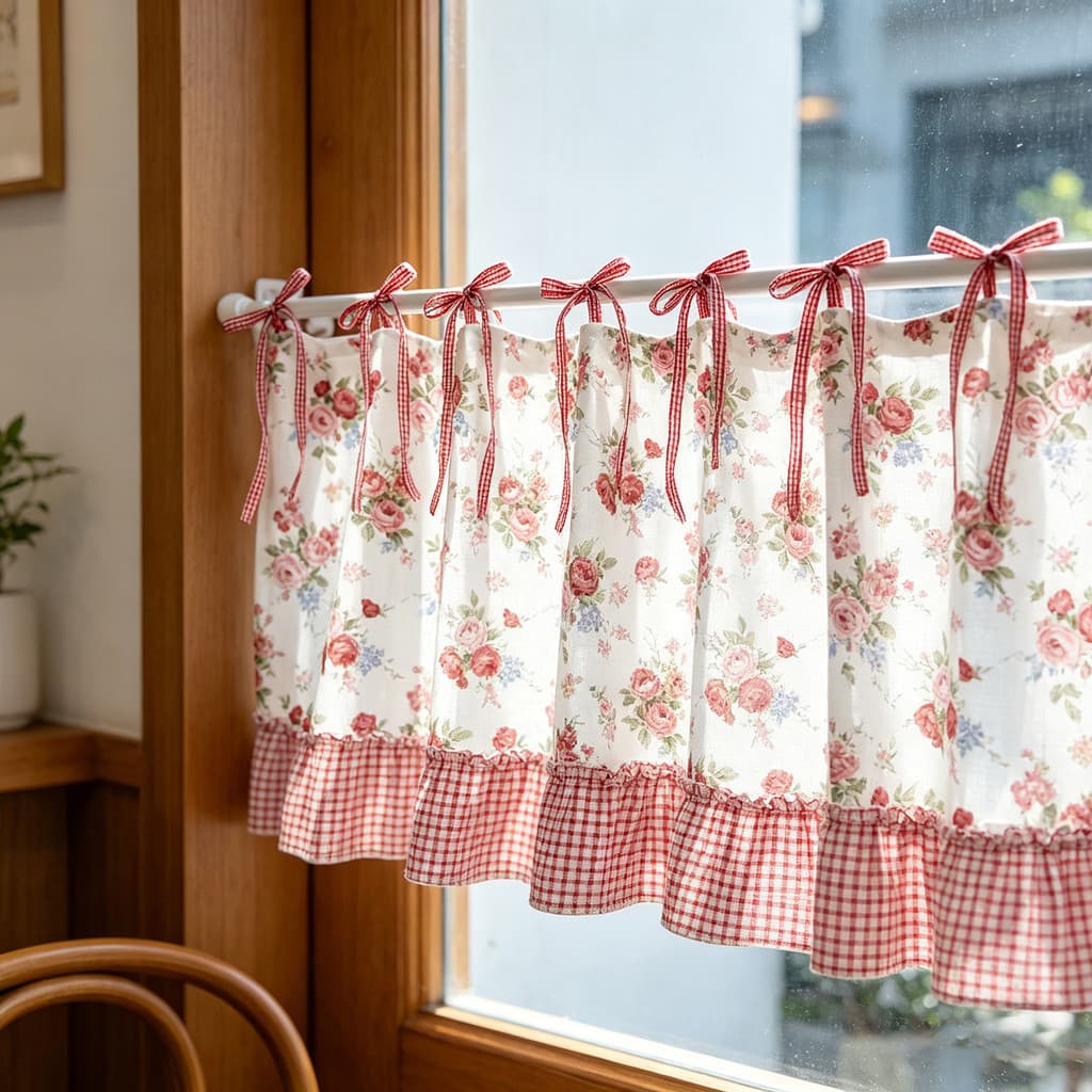 Elegante Floral Curto Cortina Aba Superior Luz Filtragem Meia Janela Bowknot Com Babados Inferiores Café Banheiro Topper