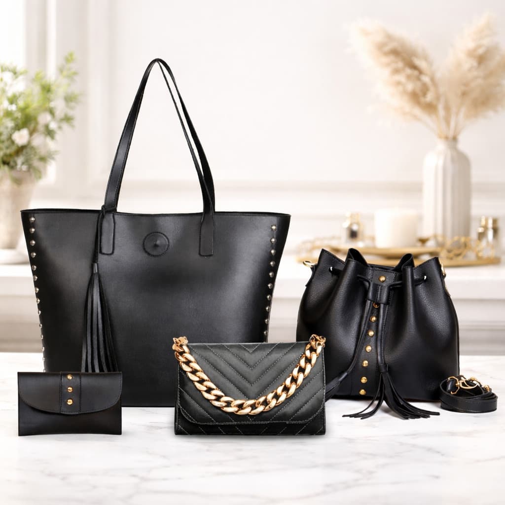 Kit 4 Bolsas Femininas Premium | Bolsa Grande + Saco + Transversal Corrente + Carteira Elegante