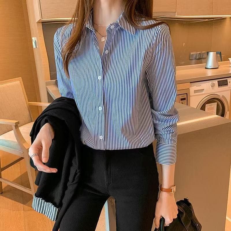 Novo estilo moda azul listrado camisa feminina Design nicho de manga comprida versão coreana elegante All-Match solto Ca
