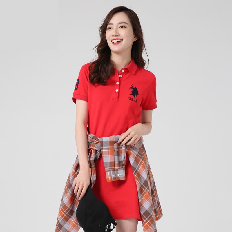 Uspoloassn Vestido feminino de manga curta com gola polo de verão, vestido de cintura estreita, linha A, aparência mais