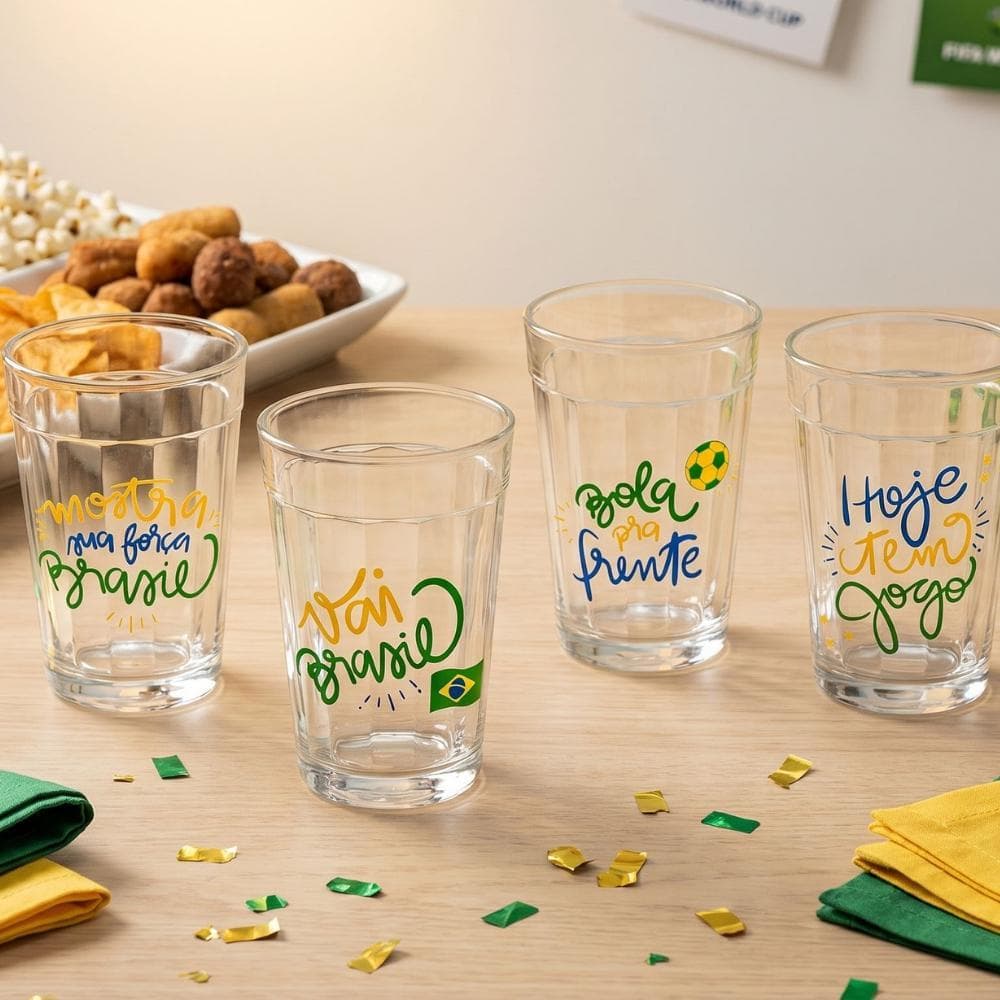 Kit 4 Copos Americanos Torcida Brasil Futebol 190ml Jogo De Copos Temáticos Decoração Mesa Posta