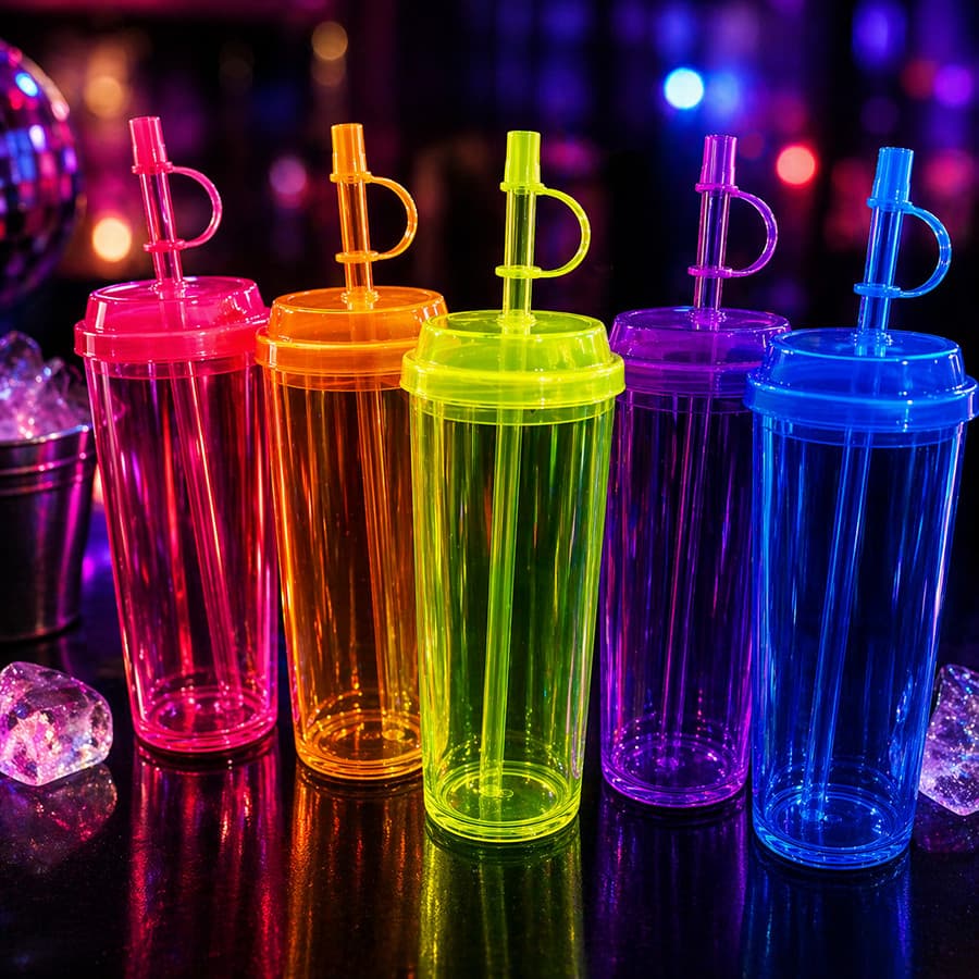 COPO LONG DRINK NEON 320ML COM TAMPA E CANUDO – KIT COM 10 OU 15 UNIDADES