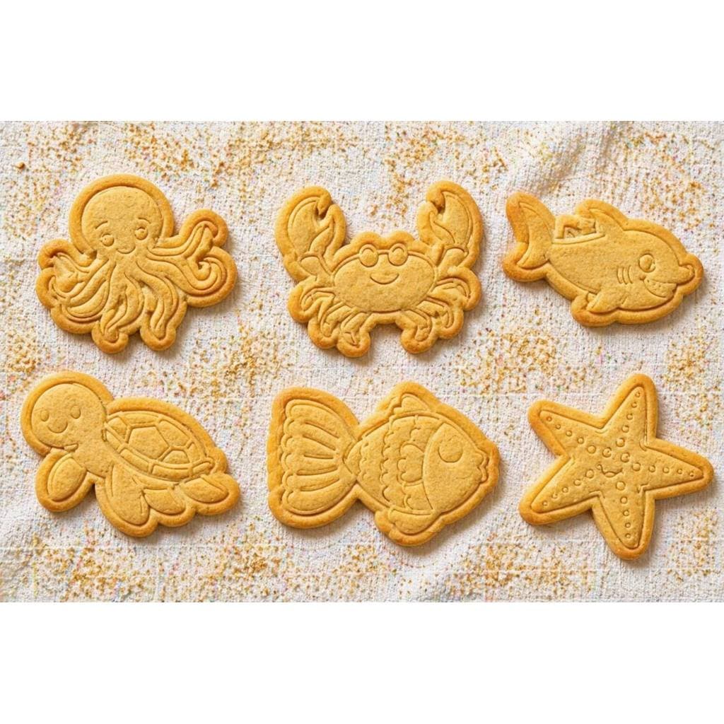 kit com 6 unidades de cortador e marcador tema fundo do mar para pasta americana, biscoitos e etc