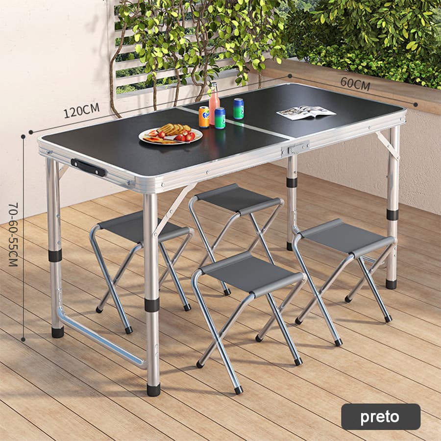 Conjunto Mesa Cadeiras Camping Dobrável Portátil, Transformável em Mala+4 Cadeiras, Estrutura Alumínio e Tampo Madeira