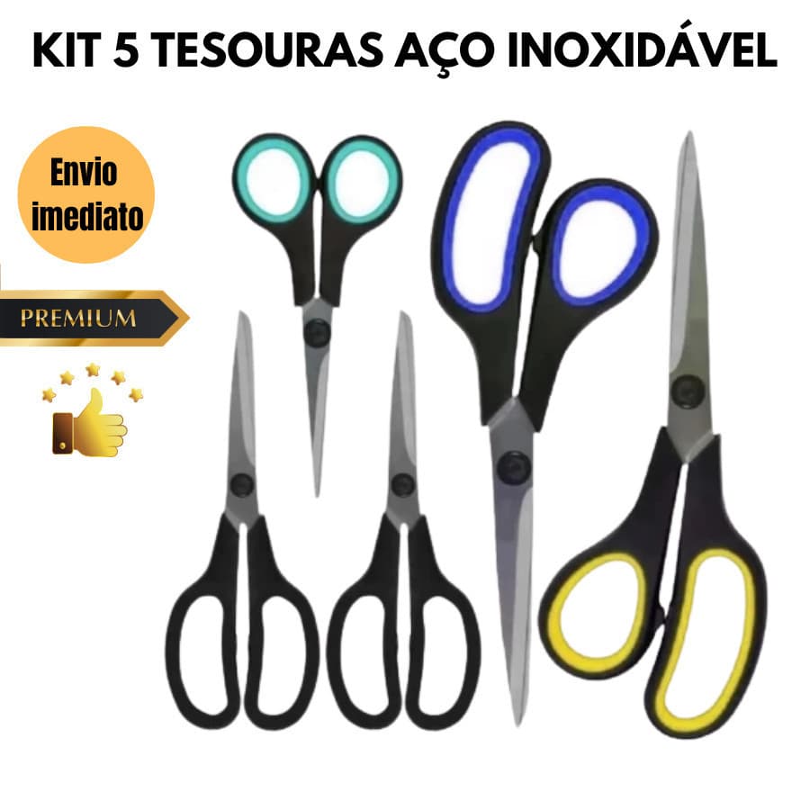 Kit 5 Tesouras de Aço Inoxidável Multiuso e Alta Durabilidade tesoura dia grande pequena tesoura para ter em casa 3302