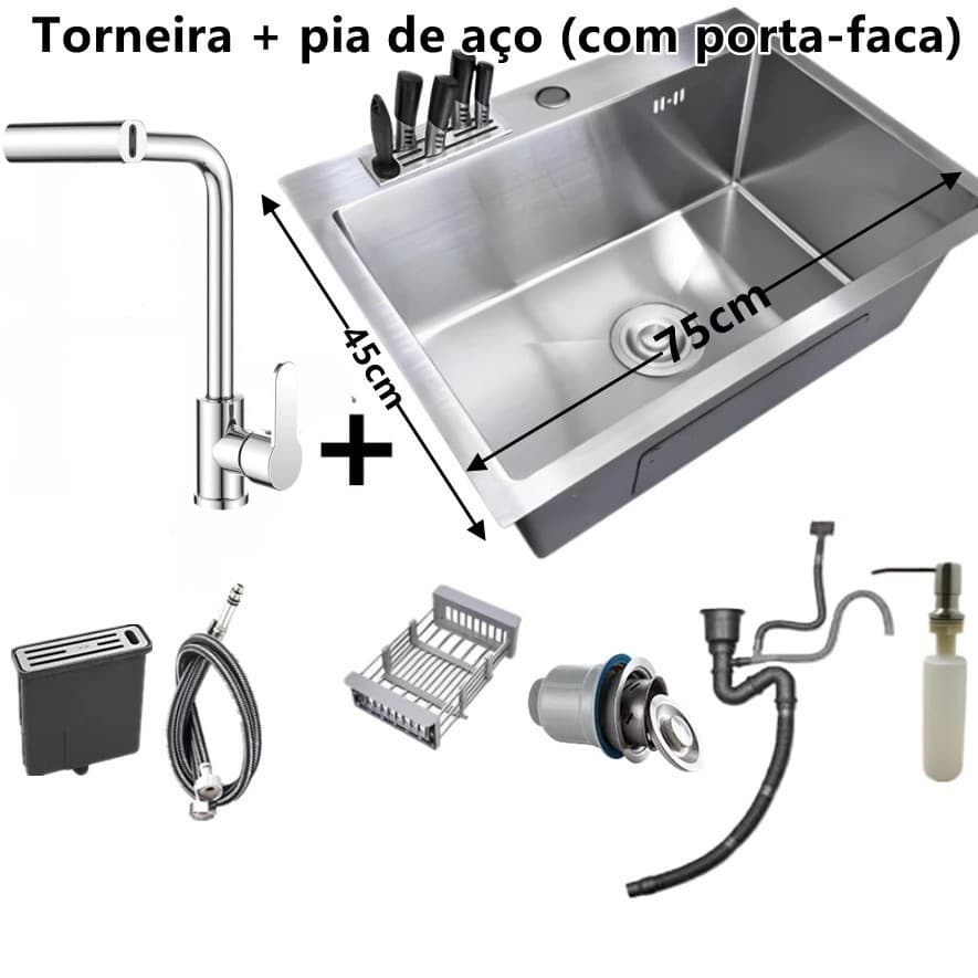 75x45cm/60x45cm Pia Inox Quadrada Cozinha Luxo  Acessórios