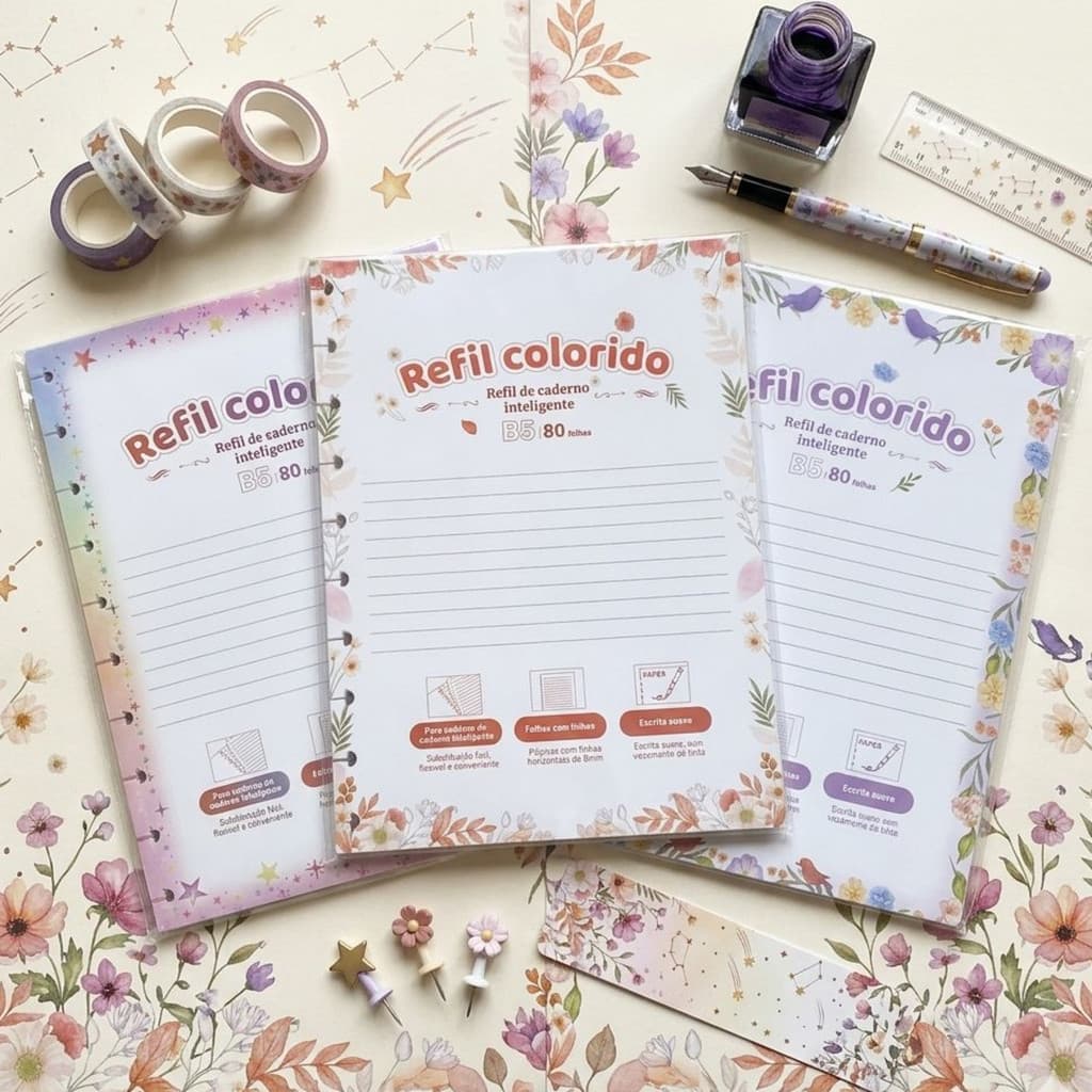 Refil Colorido Floral Fofo 80 Folhas A4 B5 Compatível Caderno Inteligente Papelaria Kawaii