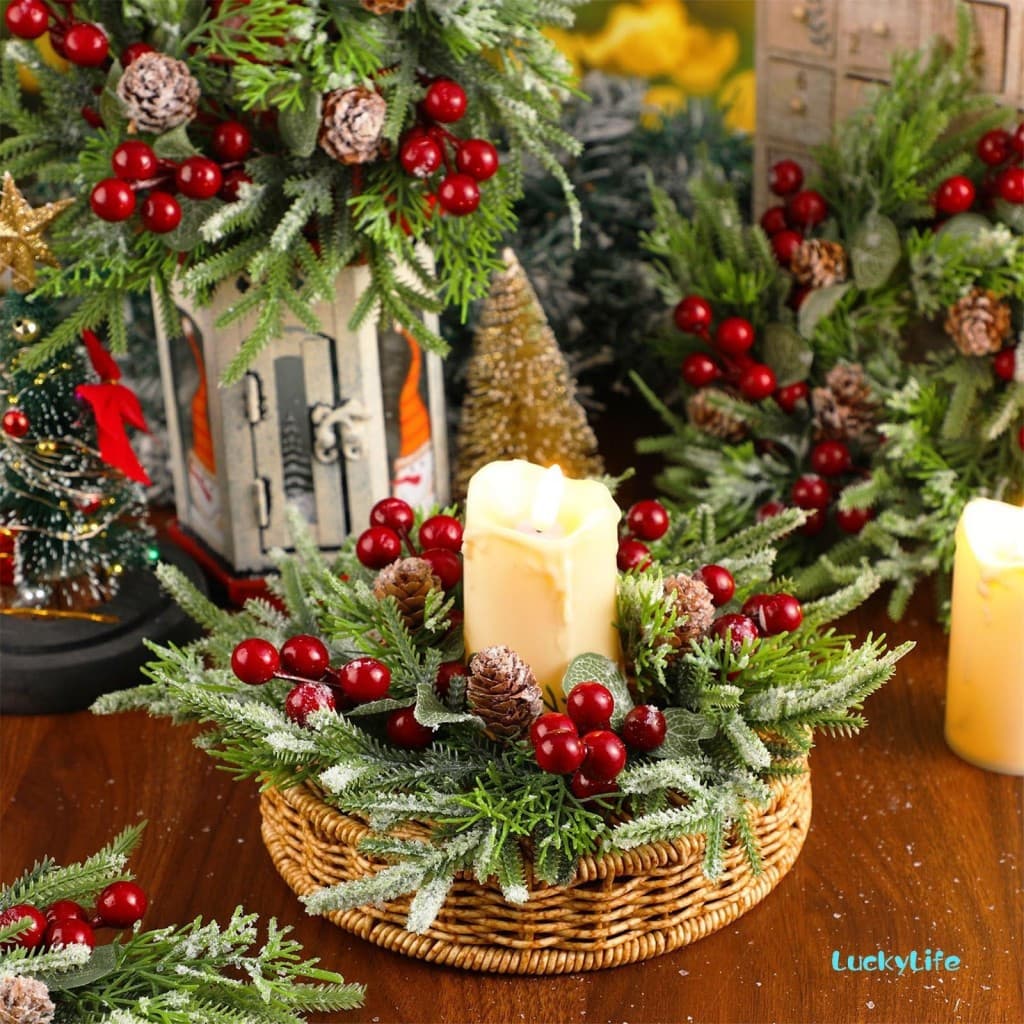 Anel De Vela De Natal Pinhas Artificiais Folha De Pinheiro Bagas Guirlanda Para Decoração De Peças Centrais De Mesa