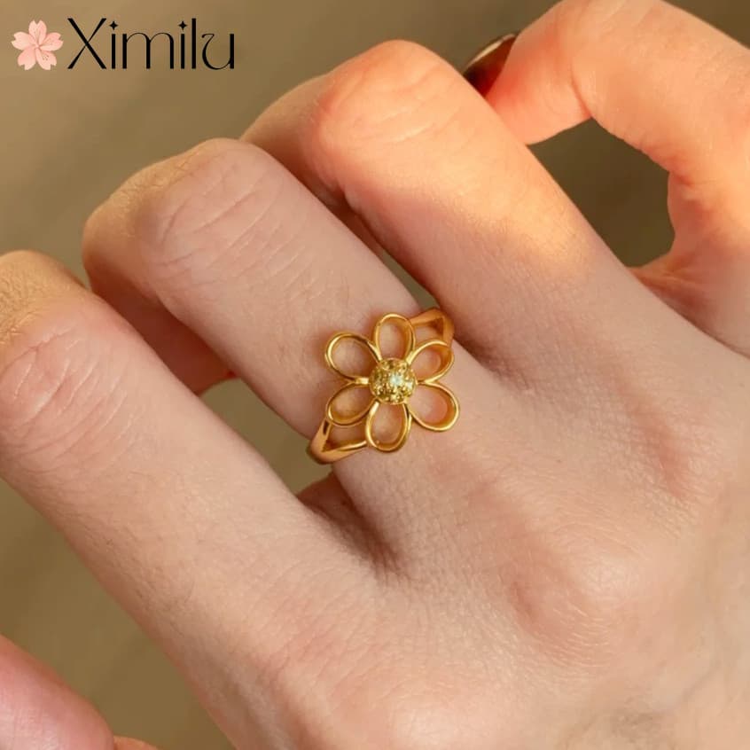 ❤ Clássico luz luxo oco pequeno amarelo flor anel feminino estilo simples requintado amarelo diamante flor jóias