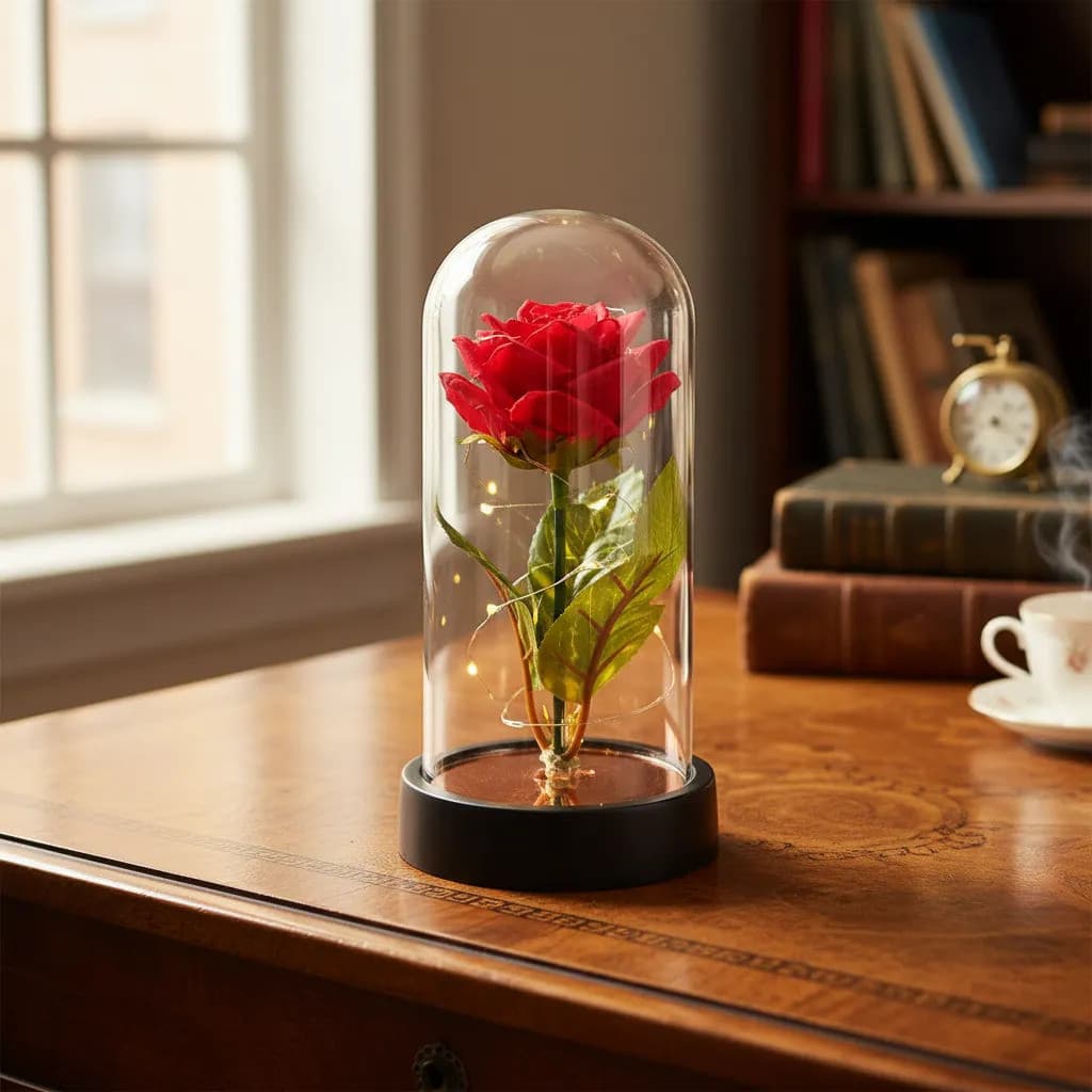 Luminária Rosa Encantada Bela E A Fera Cúpula Led Flor Artificial Eterna Presente Dia Dos Namorados Decoração Luxo Mesa