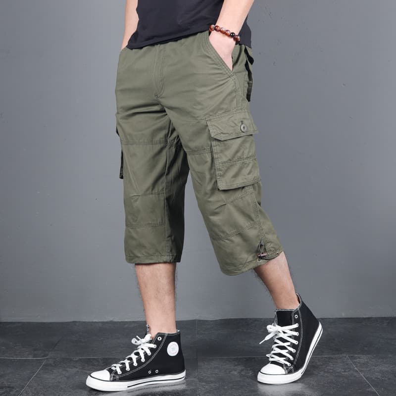 Calças cortadas masculinas soltas Plus Size Multi-bolso macacão masculino verão puro algodão Shorts esportes calças médi