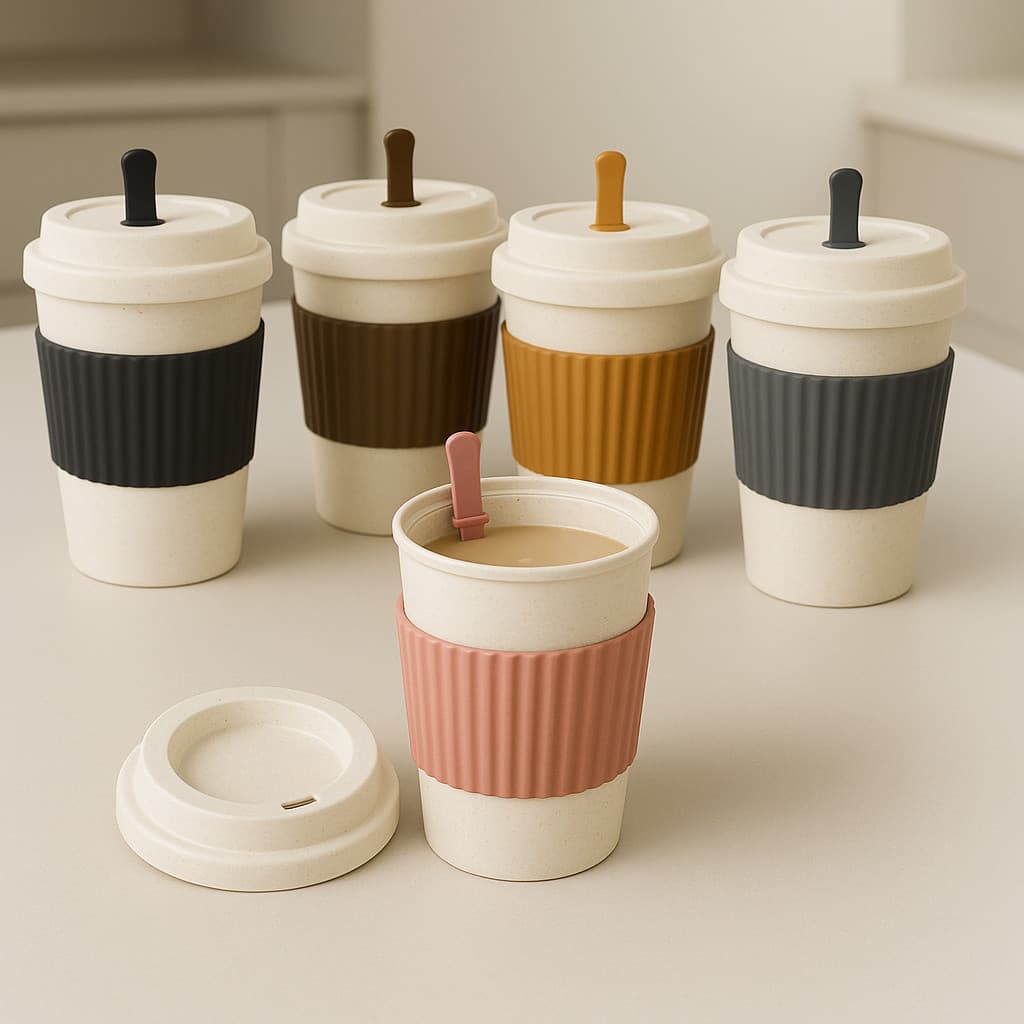 2 Copos para Café Estilo Starbucks com Tampa e Mexedor - Em Bambu 450ml