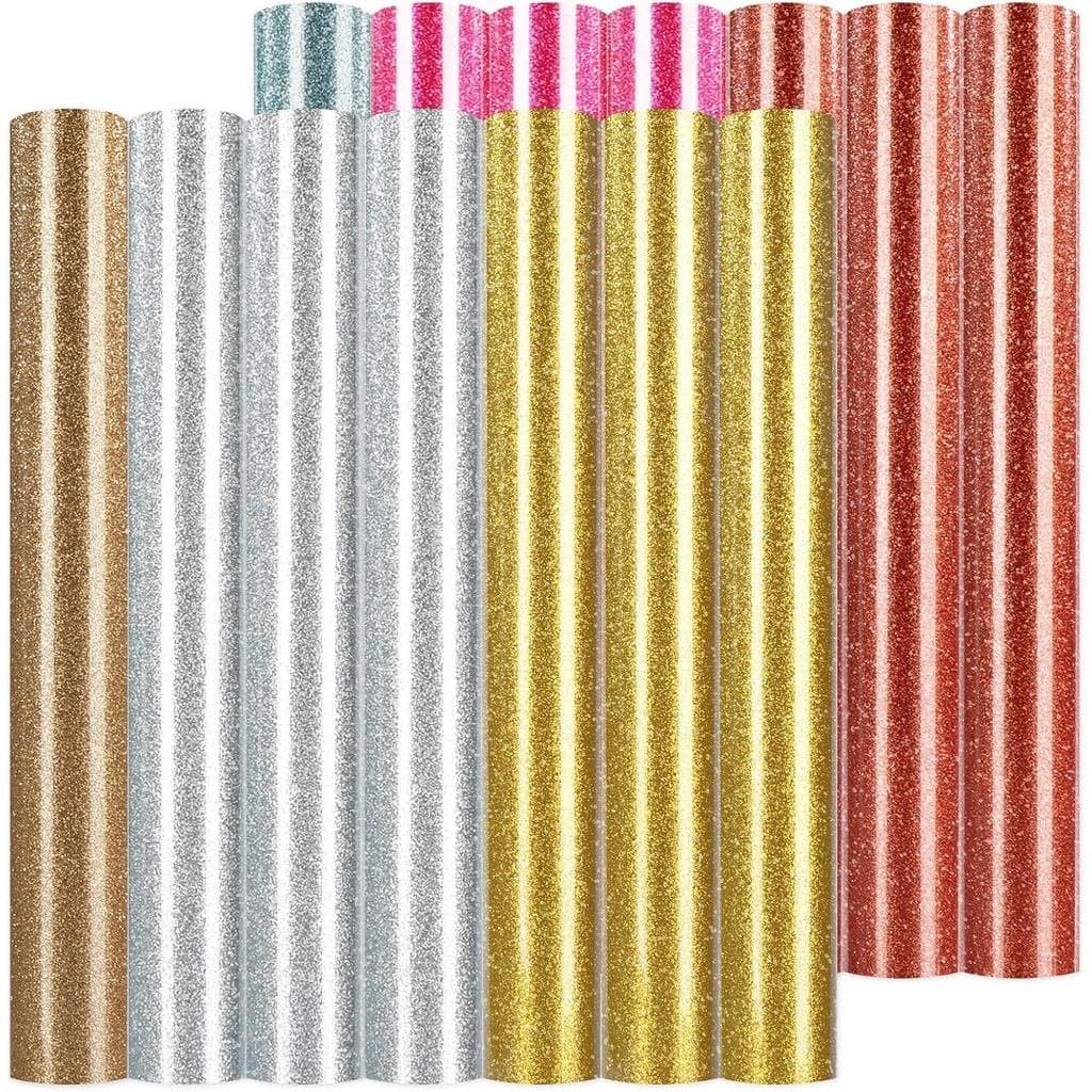 HTVRONT Vinil Termotransferível com Glitter - 15 Pacotes, 6 Cores Mistas, Vinil Termotransferível com Glitter para Camis