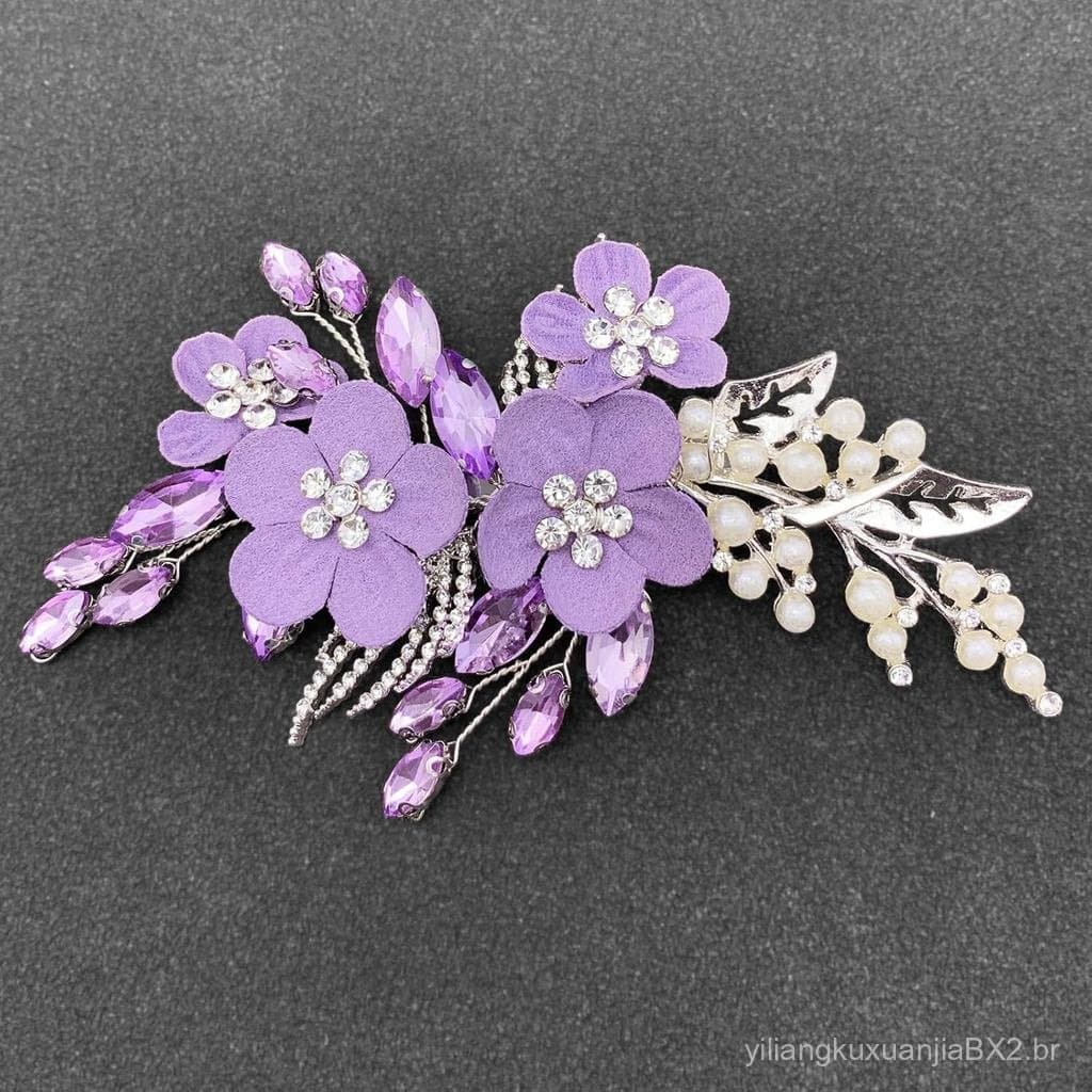 Presilhas de Cabelo com Flores Roxas, Pérolas e Cristais para Noivas, Acessórios Florais para Casamento e Baile de Forma