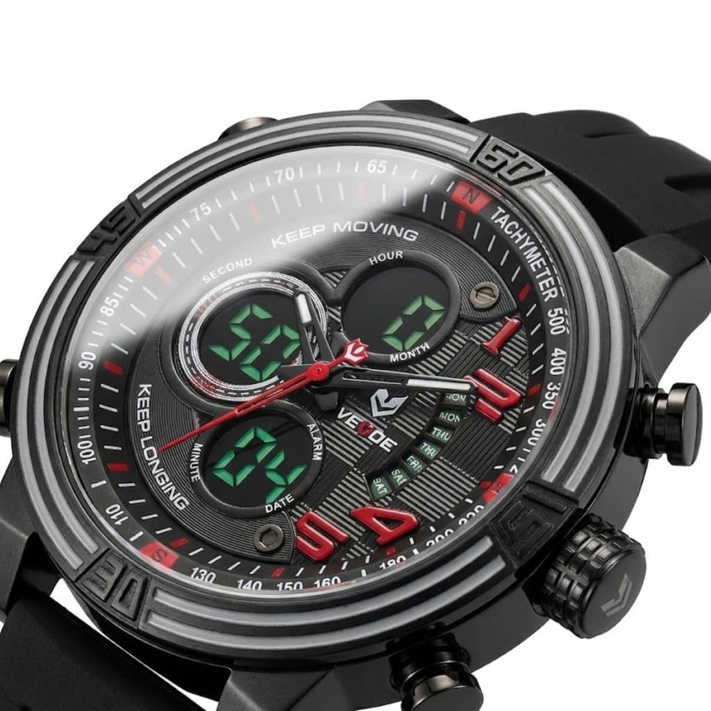 Relógio Masculino Weide AnaDigi WH5209B Preto e Vermelho (Resistente à água 3ATM, Vintage, Luxuoso, Charmoso, Fashion)