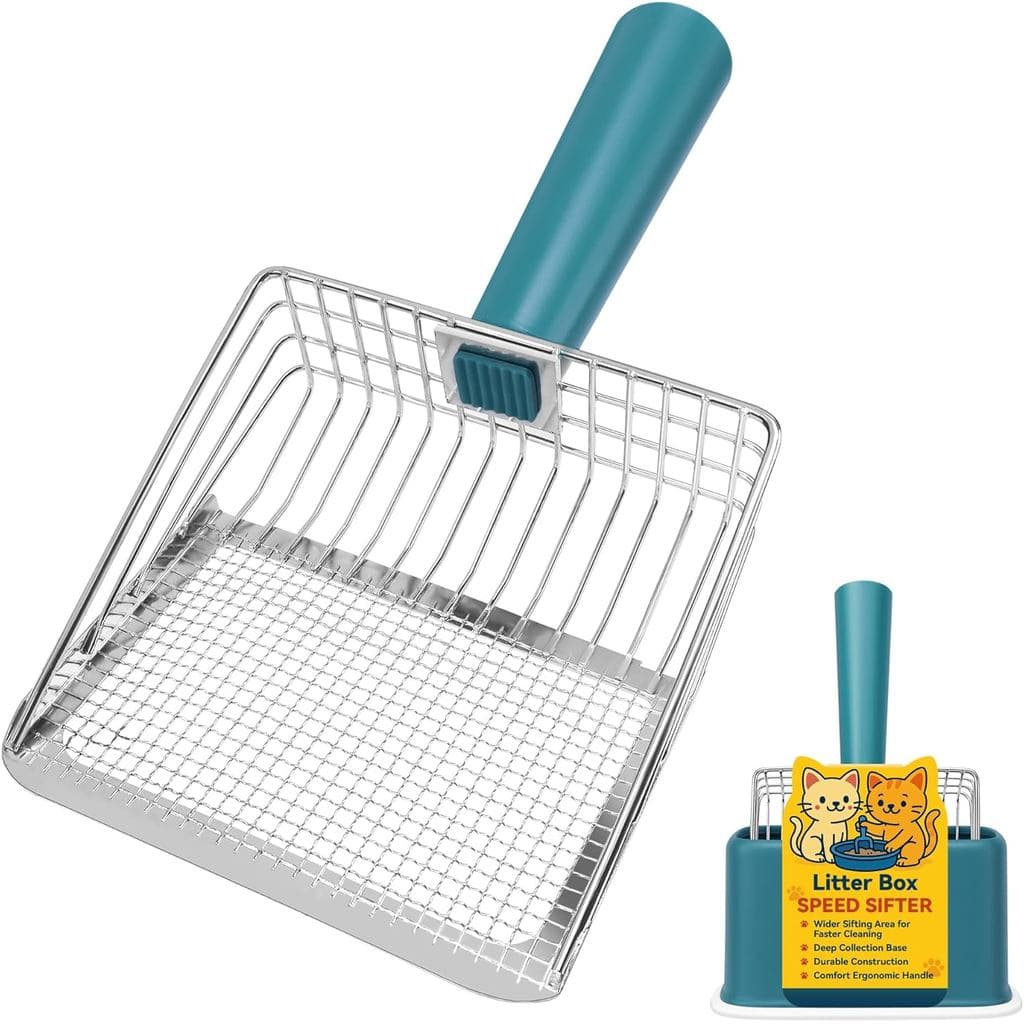 Pá de metal para areia de gato com suporte, peneira profunda resistente com furo duplo (10mm/5mm) para pellets e argila,