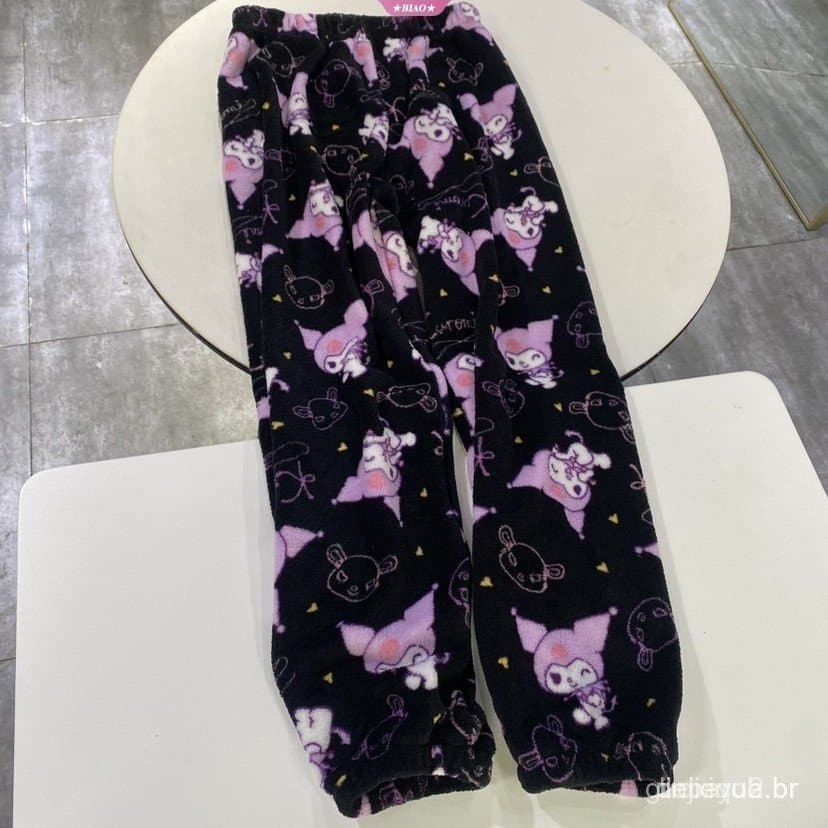 Olá Kitty Pijamas Kuromi Bonito Flanela Dos Desenhos Animados Calças Femininas Outono/Inverno Grosso Quente Coreano Casa