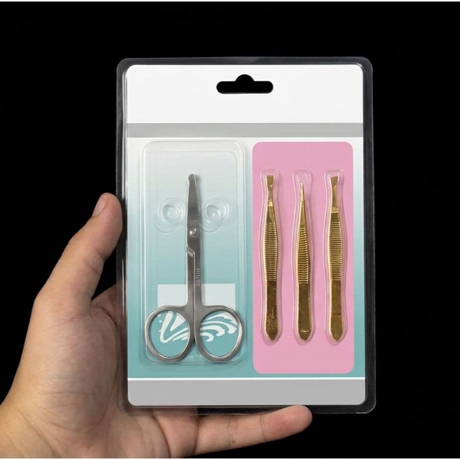 Kit Sobrancelha Profissional com Tesoura + 3 Pinças Inox Alta Precisão para Design de Sobrancelhas e Acabamento Perfeito