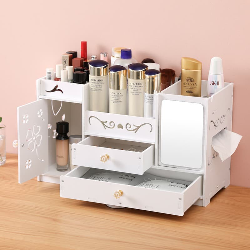 Caixa de armazenamento de cosméticos de mesa grande capacidade doméstico com espelho multifuncional prateleira de produt