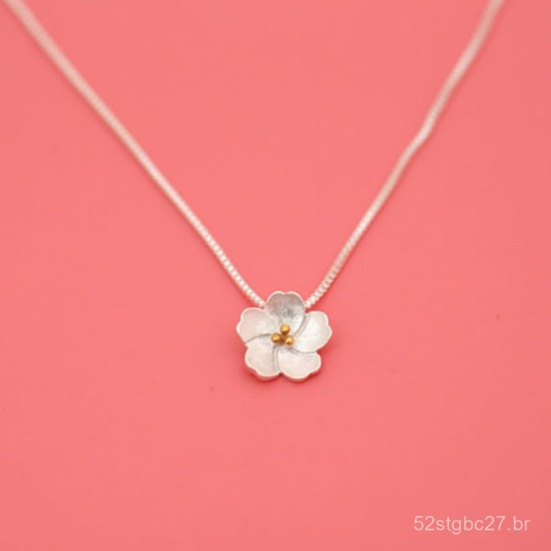 Design original simples, colar curto de prata esterlina S925 com pingente de flor de cerejeira, estilo artístico e jovia