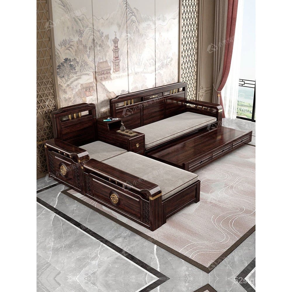 Novo sofá-cama retrátil de madeira maciça para uso doméstico em salas de estar de pequenos apartamentos, estilo chinês,