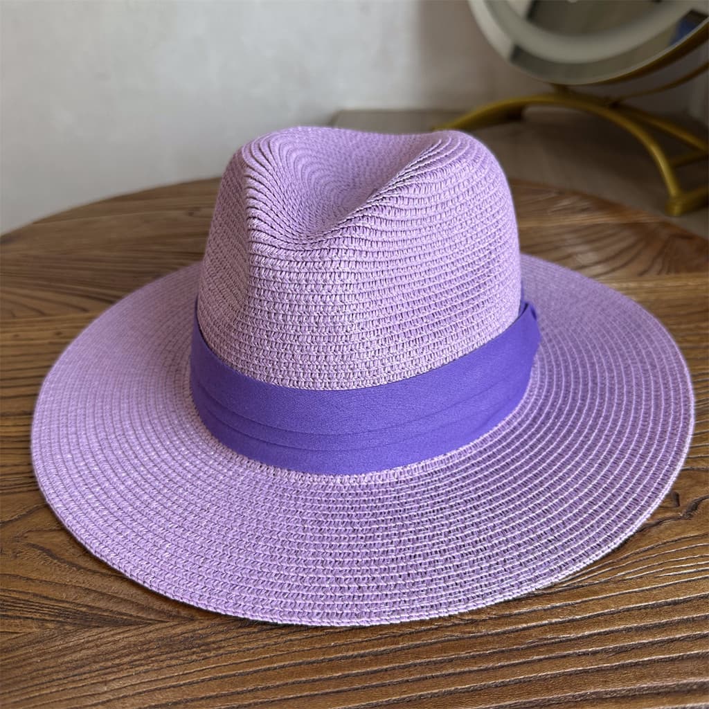 Chapéu de sol roxo de verão, chapéu de palha dobrável para homens e mulheres, aba plana, aba larga, chapéu panamá, praia