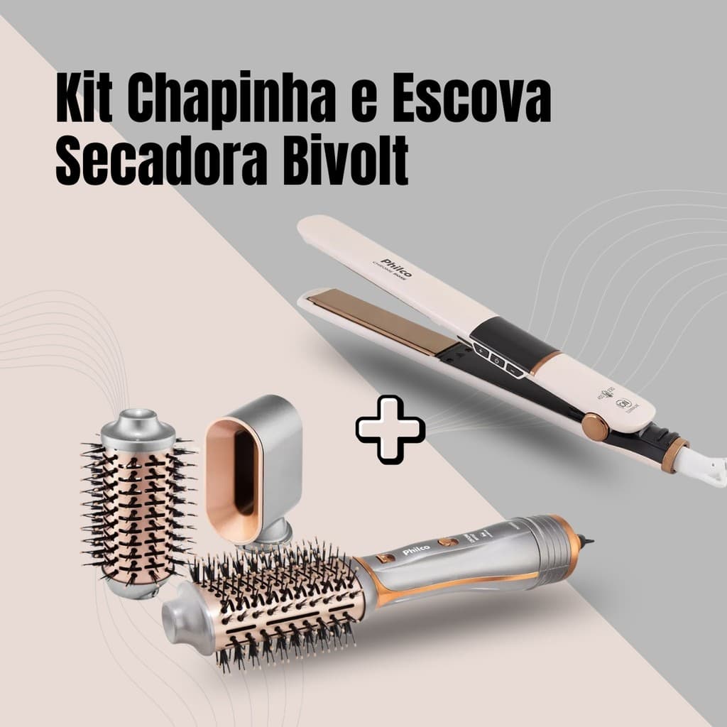Kit Escova Secadora PES19SG 1300w e Prancha Chapinha PPR10 Rose Bivolt Philco
