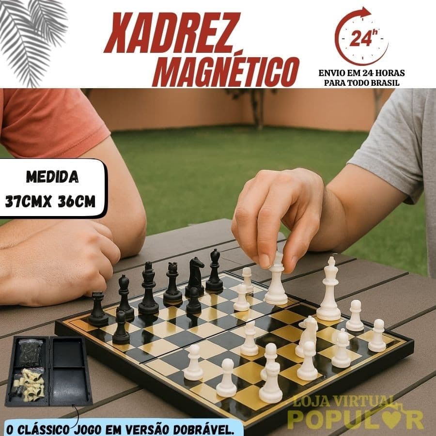 Jogo Xadrez Tabuleiro Profissional Dobrável Magnético C/ Imãv 37cm x 36cm