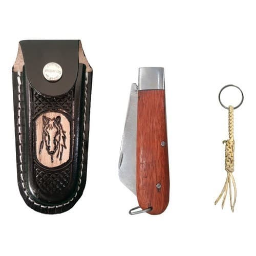 Kit Bainha De Canivete Couro + Canivete + Chaveiro Couro Crú