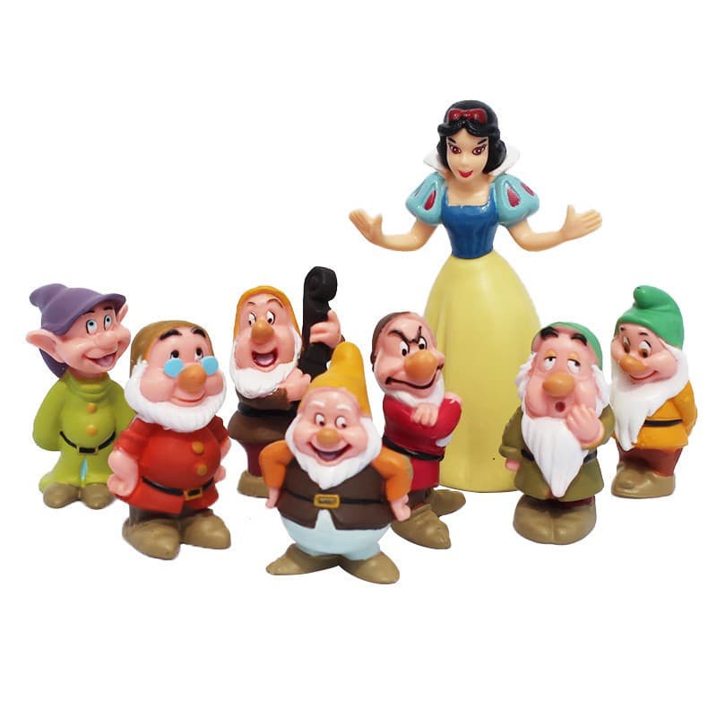 Conjunto de 8 peças de figuras decorativas de bolo em versão Q da Branca de Neve e os Sete Anões, material PVC, tamanho