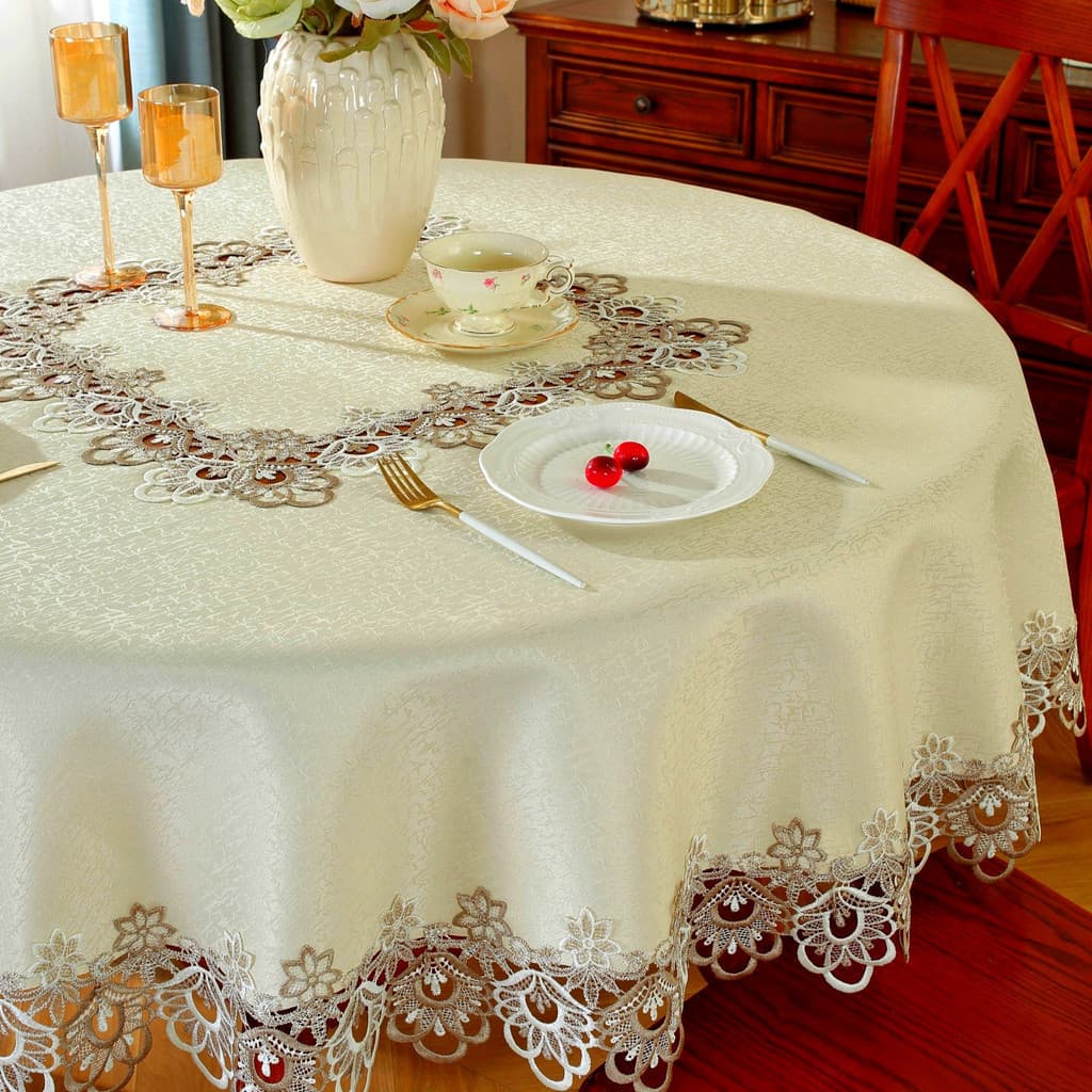 Toalha De Mesa 100 % Poliéster , Redonda , Renda Bordada De Duas Cores Oca , Cozinha , Sala De Estar , Restaurante , Cas
