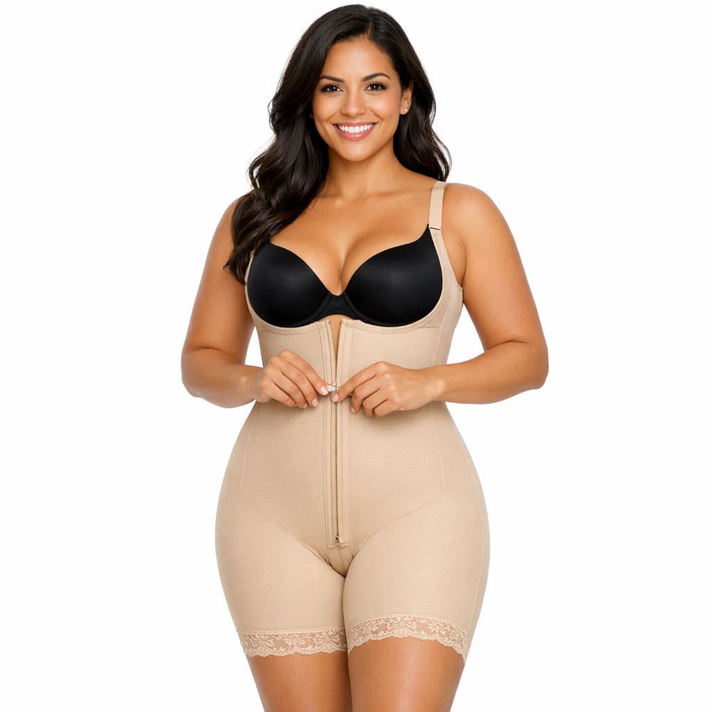 Macacao Modelador DeLinea Body com Perna Fisiovital Bege Compressao Firme Seamless Estrutura
