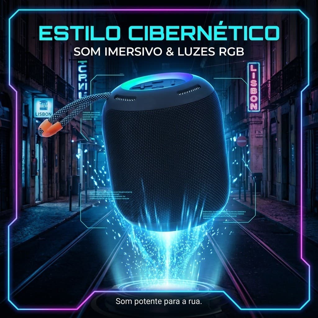 Caixa de Som Bluetooth 5.3 Portátil RGB Som Potente Ideal para Área Externa Bateria de Longa Duração