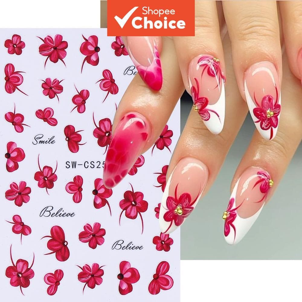 Adesivo 3D para Unhas de Lírio de Primavera e Verão, Decalque de Flores Vermelhas e Azuis, Folhas, Slider, Decoração de