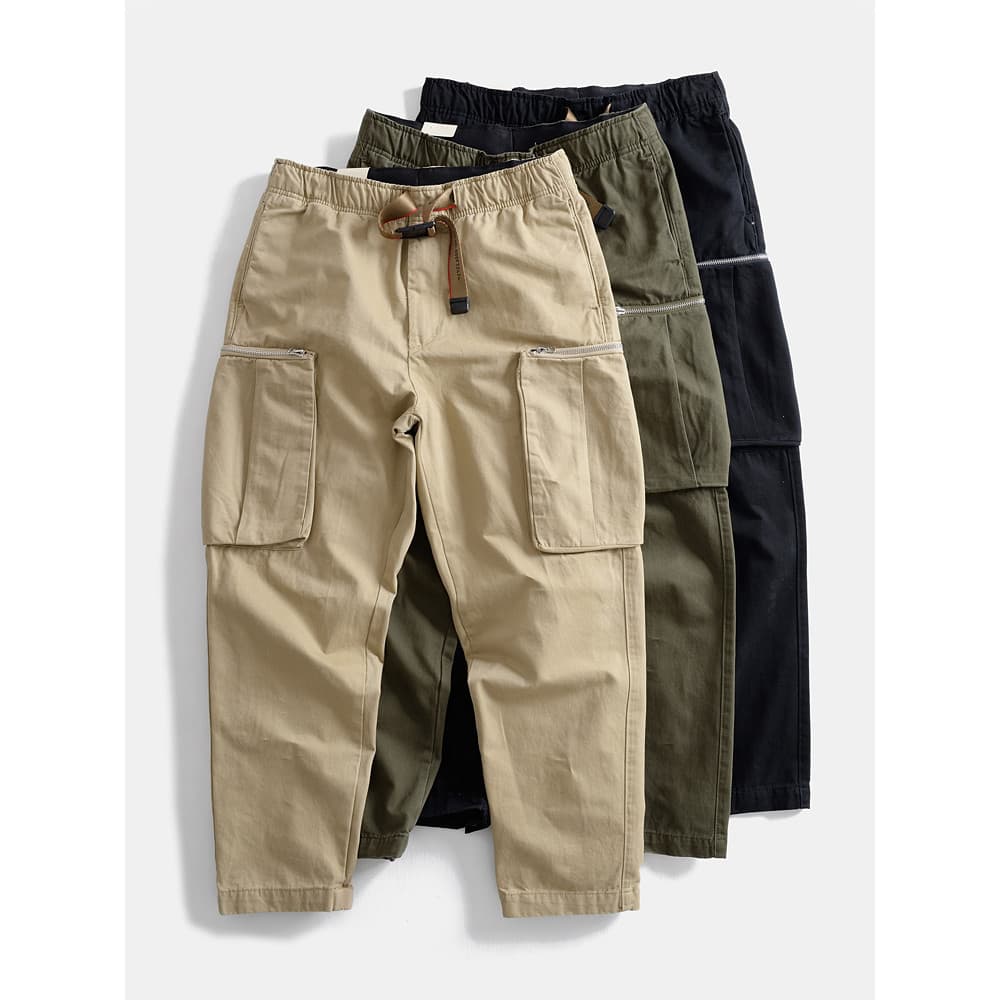 Pesado puro algodão em linha reta solta calças casuais japonês Retro perna larga Multi-saco calças primavera outono cint