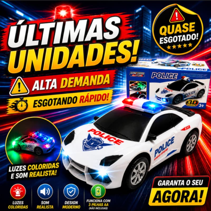 Carrinho de Polícia Com Luzes Coloridas e Som de Sirene