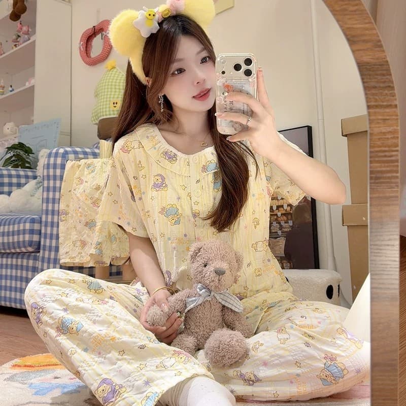 Pijamas com almofadas no peito feminino verão cremoso amarelo estrelas noite urso conjunto de três peças nuvem algodão S