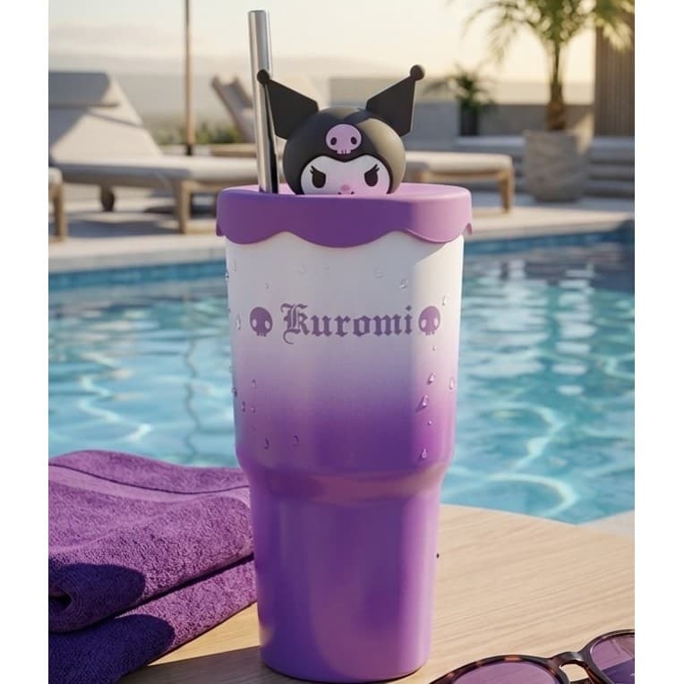 Copo Térmico Kuromi 600ml Canudo Topper Zona Criativa Inox Dupla Parede
