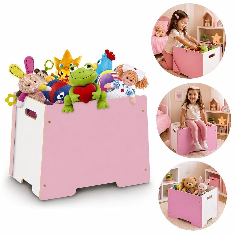 Caixa Bau Infantil Madeira 3 Em 1 Banquinho Grande Organizador Brinquedos Ursinhos Cesto Roupas Quarto Criança Puff Em M