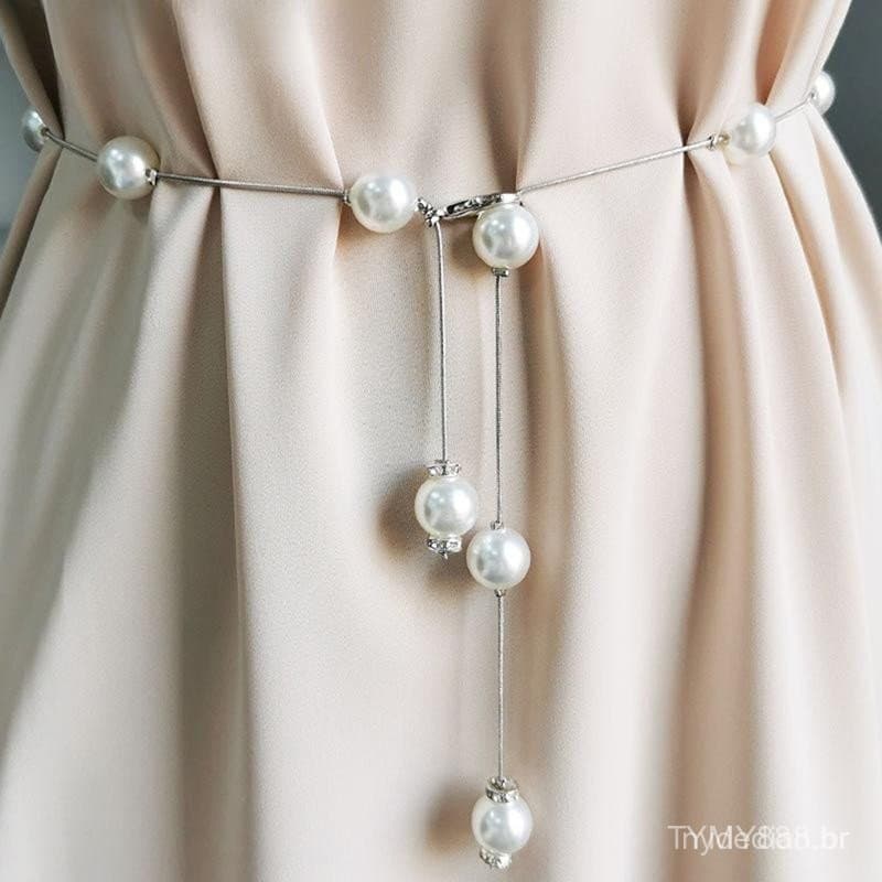 #     Cinto de Pérola Weicheng para Mulheres, Simples, Ajustável, Metal, Corrente Fina, para Mulheres, Vestido, Cintura