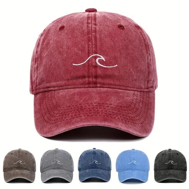 Boné de Beisebol com Bordado de Ondas, Cor Sólida, Efeito Desgastado, Estilo Vintage Simples, Bonés de Sol Hip Hop para