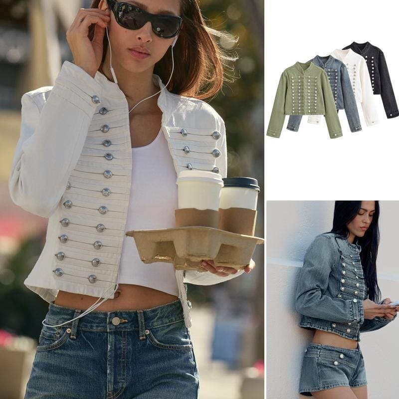 Jaqueta jeans ZA com gola redonda0695074 0695075+Mini Shorts jeans0695003