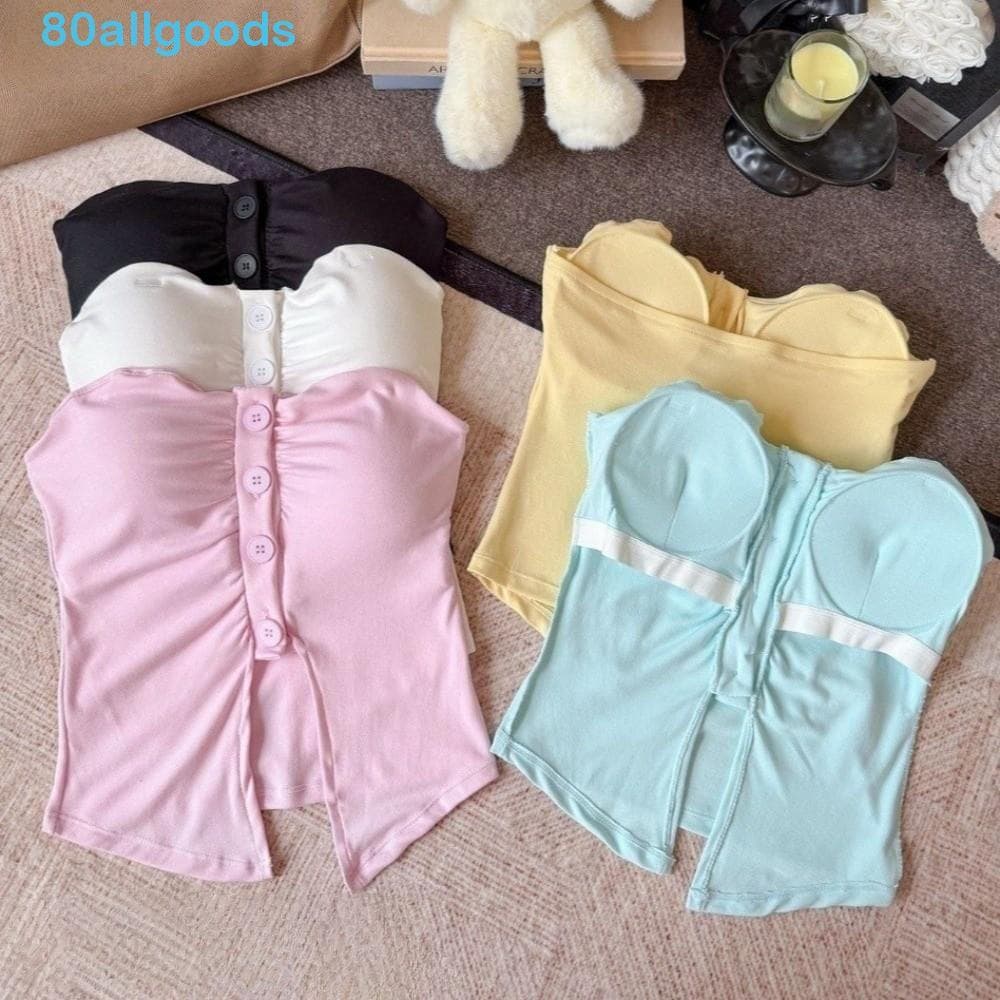ALLGOODS1 Camisola Com Botão Plissado , Colete De Camada Inferior De Espartilho , Tops Curtos Almofadas Suspensor Street