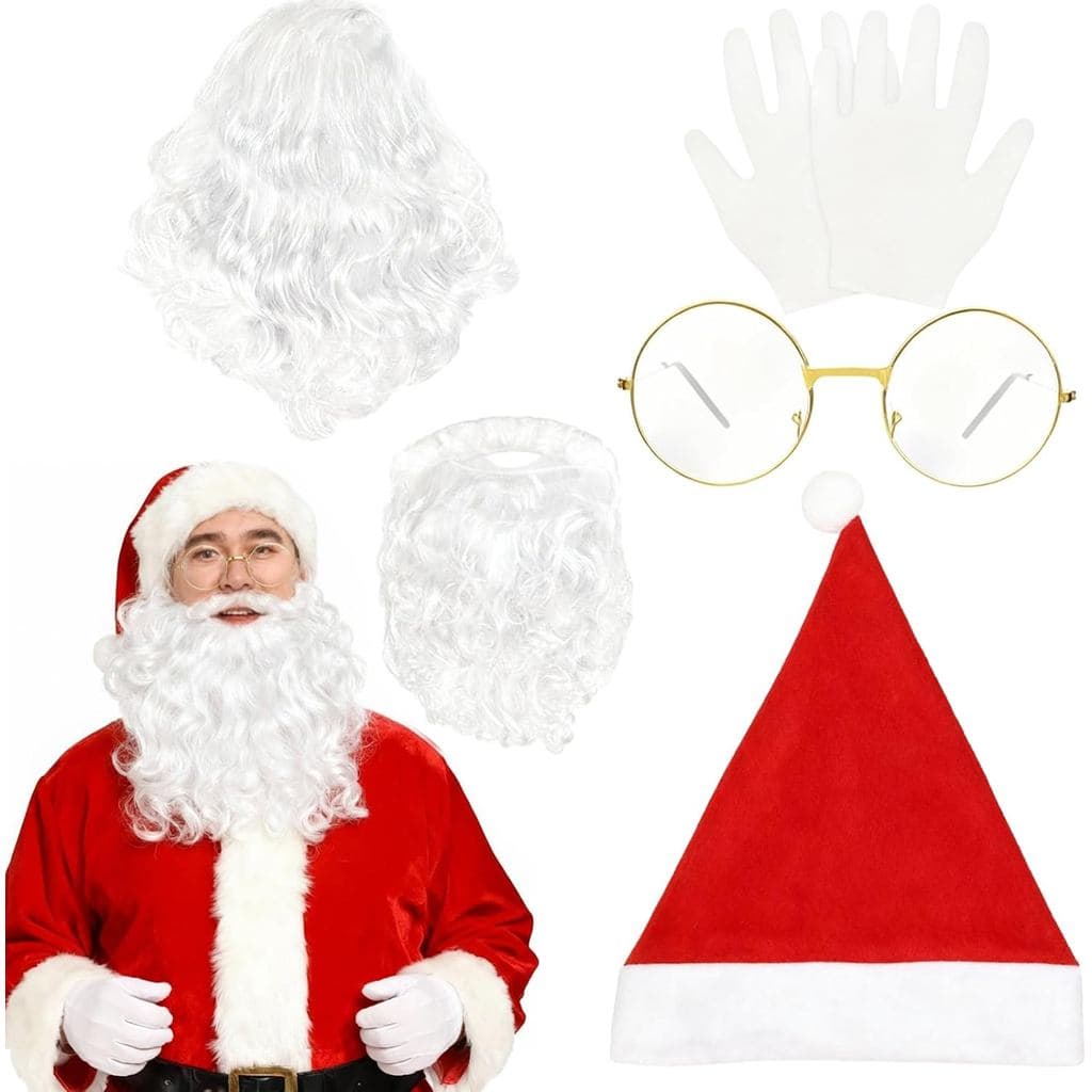 WILLBOND Santa Costume Accessories 5 Pcs Christmas Set Include Santa Wig Beard Hat Glasses and Gloves for Men Women Cosp
